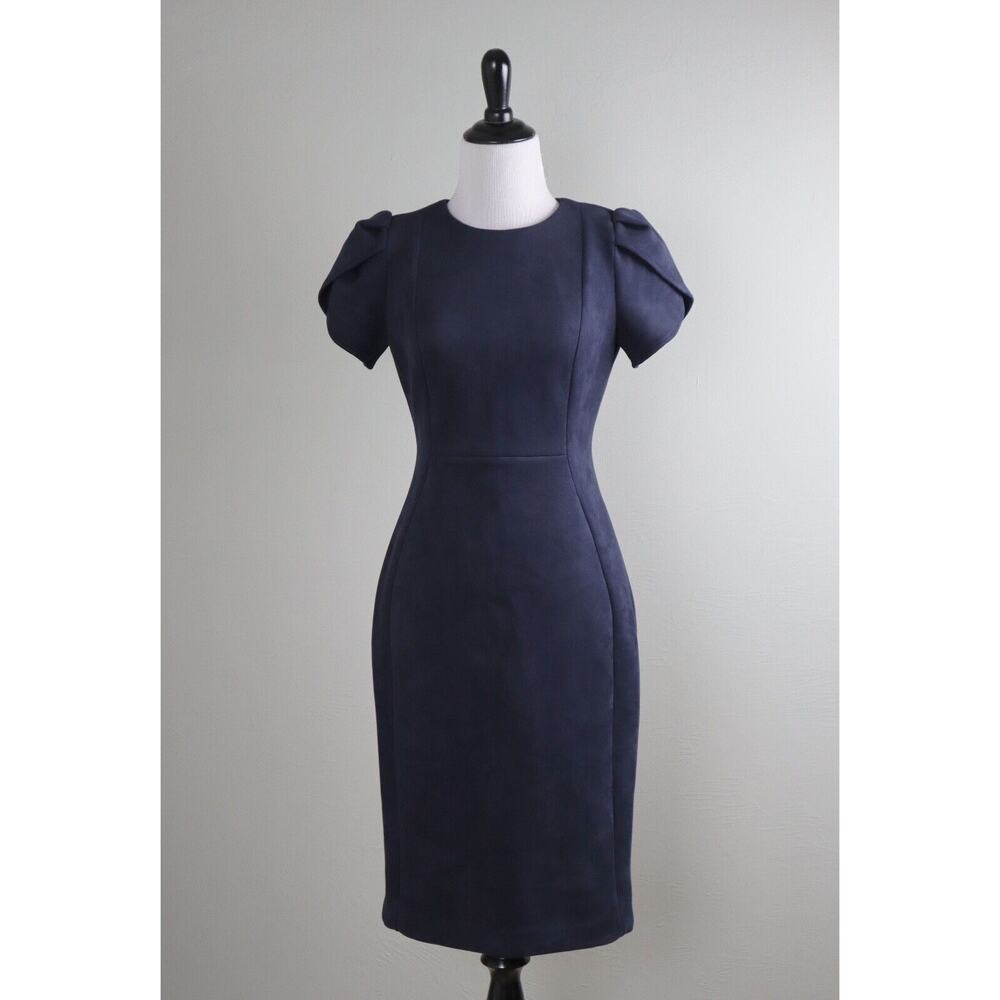 CALVIN KLEIN $129 Solid Blue Soft Faux Suede Pleated Sleeve Sheath Dress Size 2